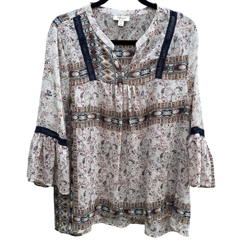 Style & Co Boho Crochet Paisley Bell Sleeve Peasant Blouse Festival Airy Women M