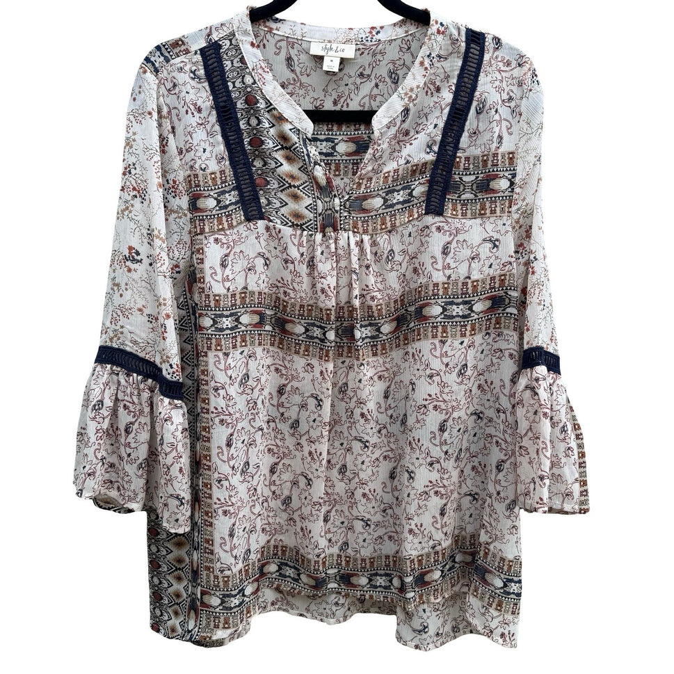 Style & Co Boho Crochet Paisley Bell Sleeve Peasant Blouse Festival Airy Women M