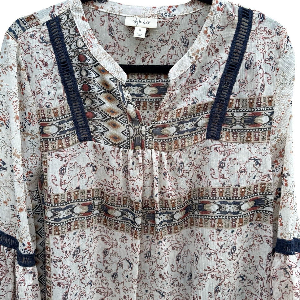 Style & Co Boho Crochet Paisley Bell Sleeve Peasant Blouse Festival Airy Women M
