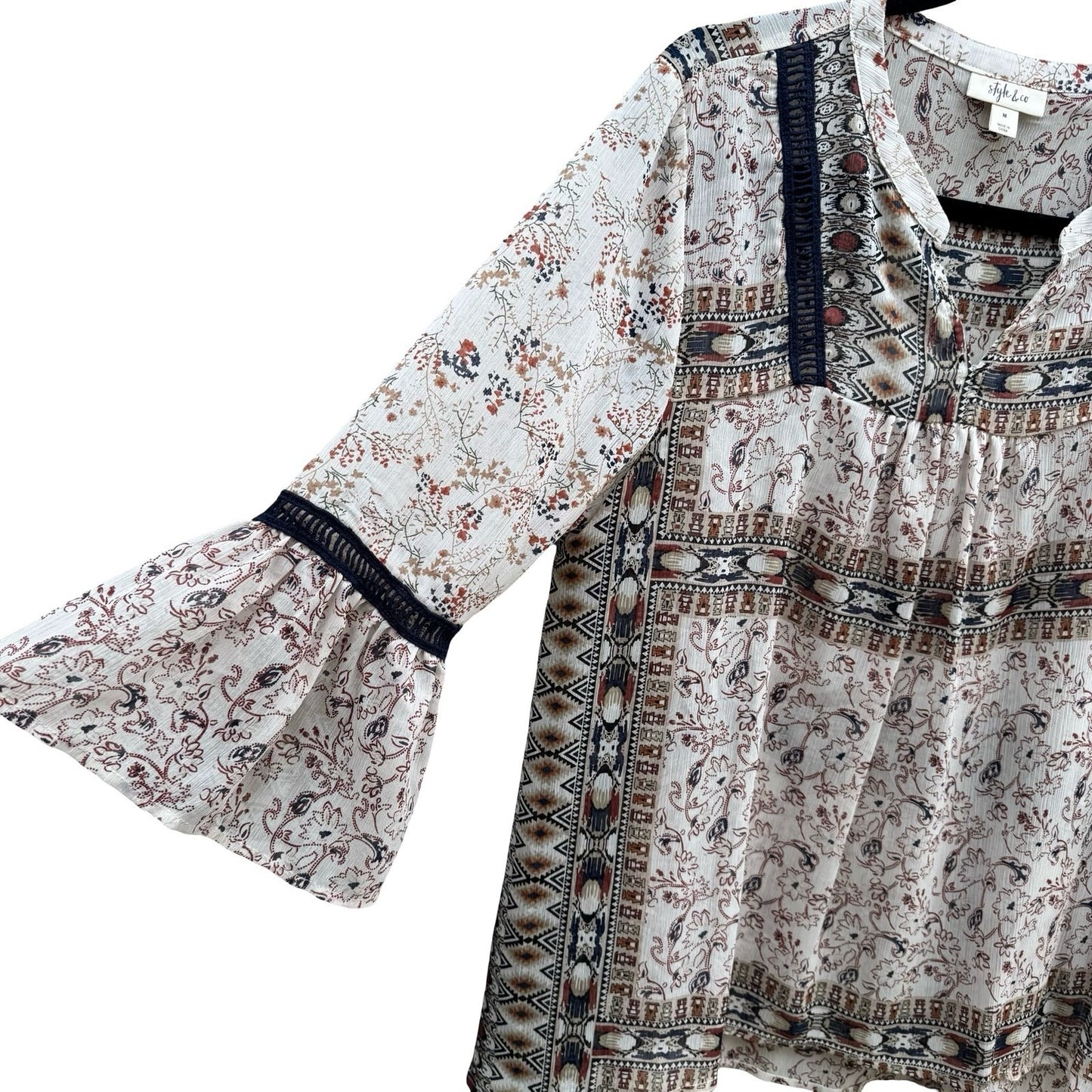 Style & Co Boho Crochet Paisley Bell Sleeve Peasant Blouse Festival Airy Women M