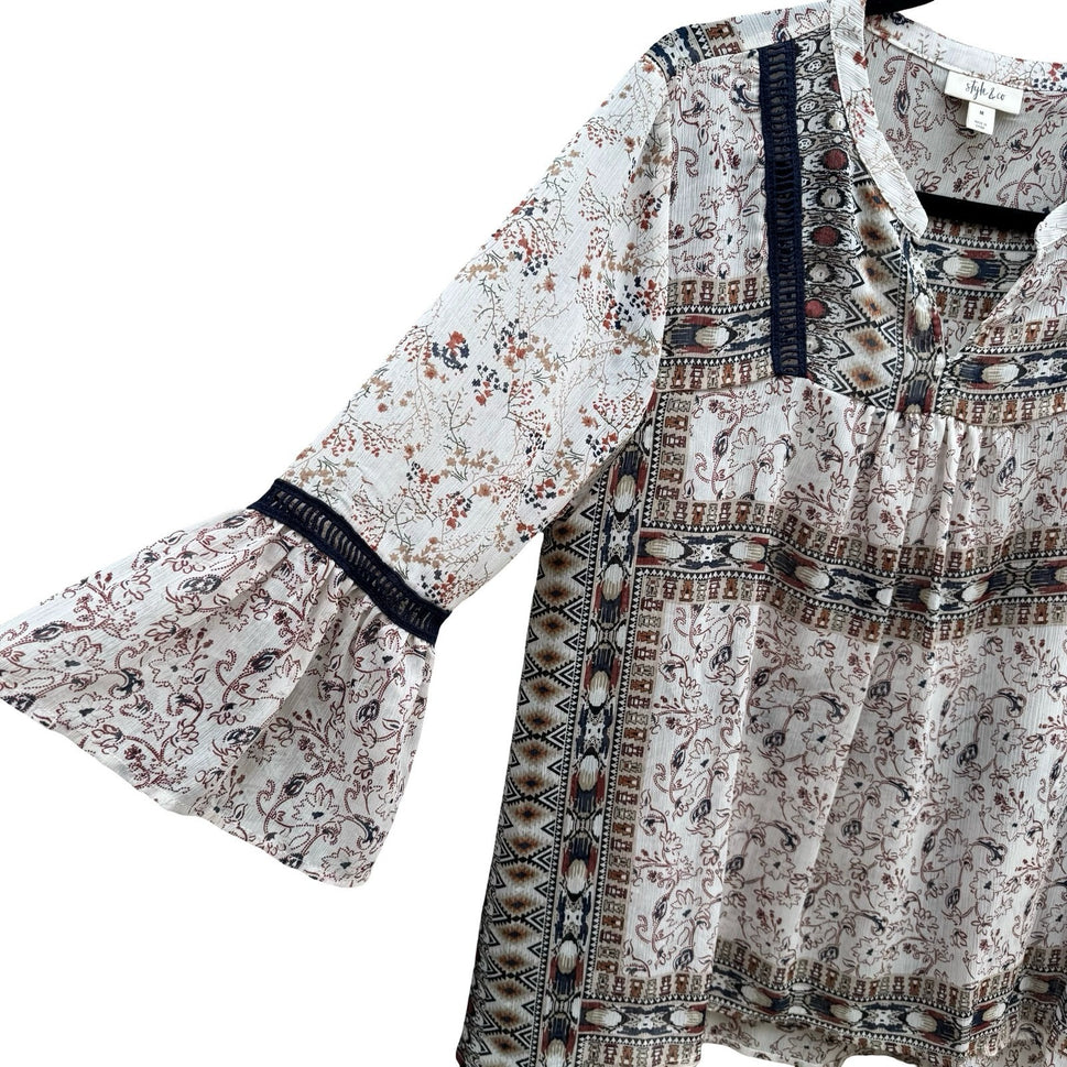 Style & Co Boho Crochet Paisley Bell Sleeve Peasant Blouse Festival Airy Women M