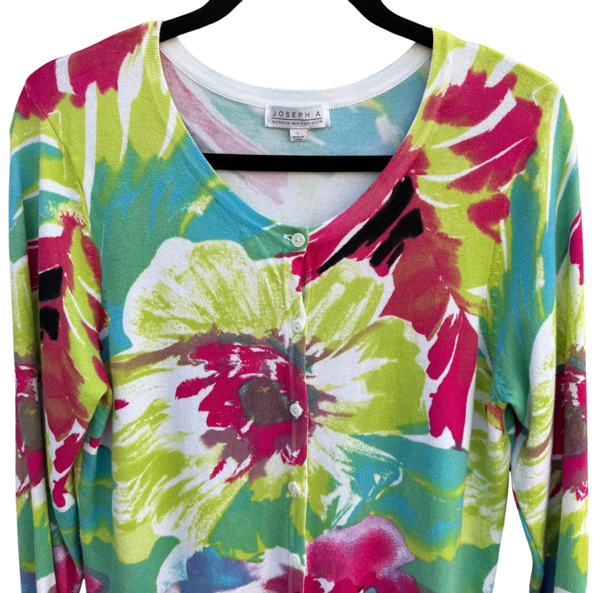 Joseph A Womens Multicolor Floral Button-Up V Neck Lightweight Cardigan Sweater L