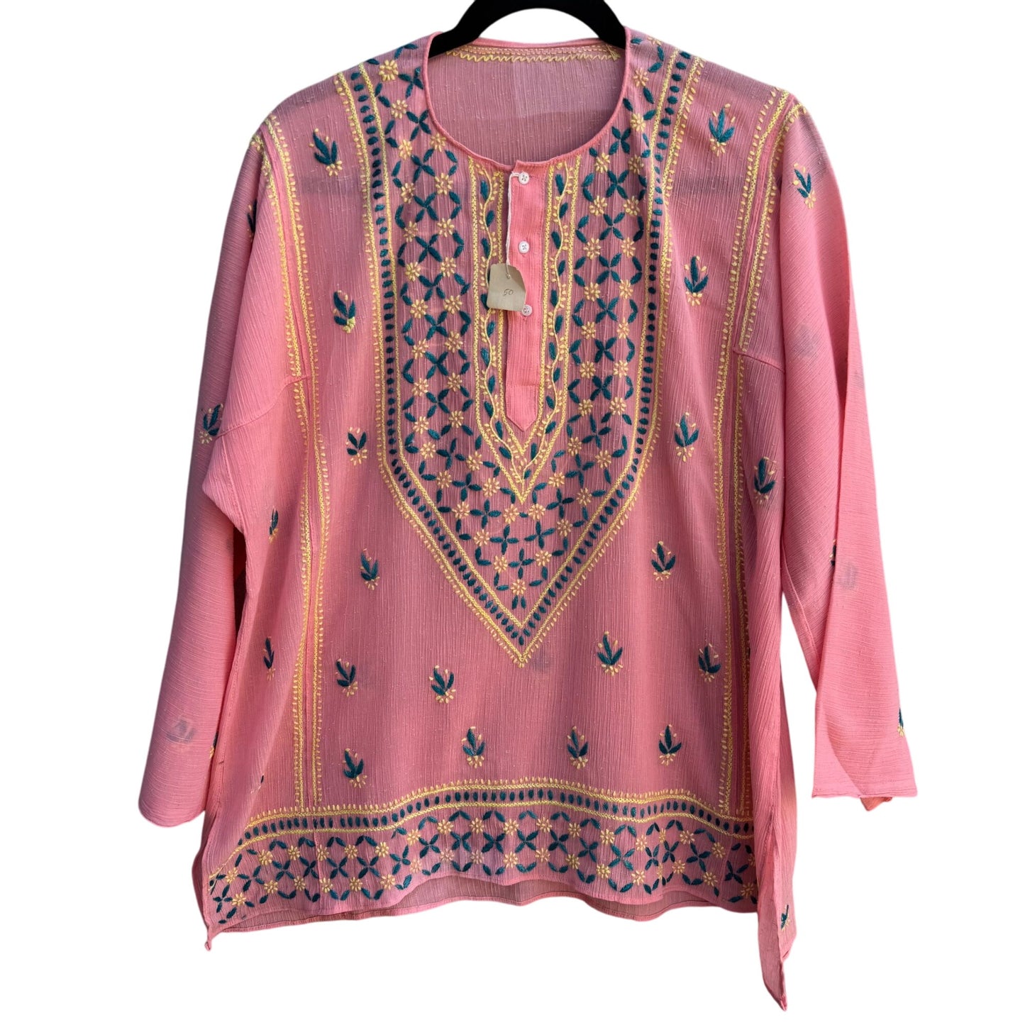 Vintage Womens Pink Floral Embroidered Madras 3/4 Sleeve Boho Chic Tunic Blouse