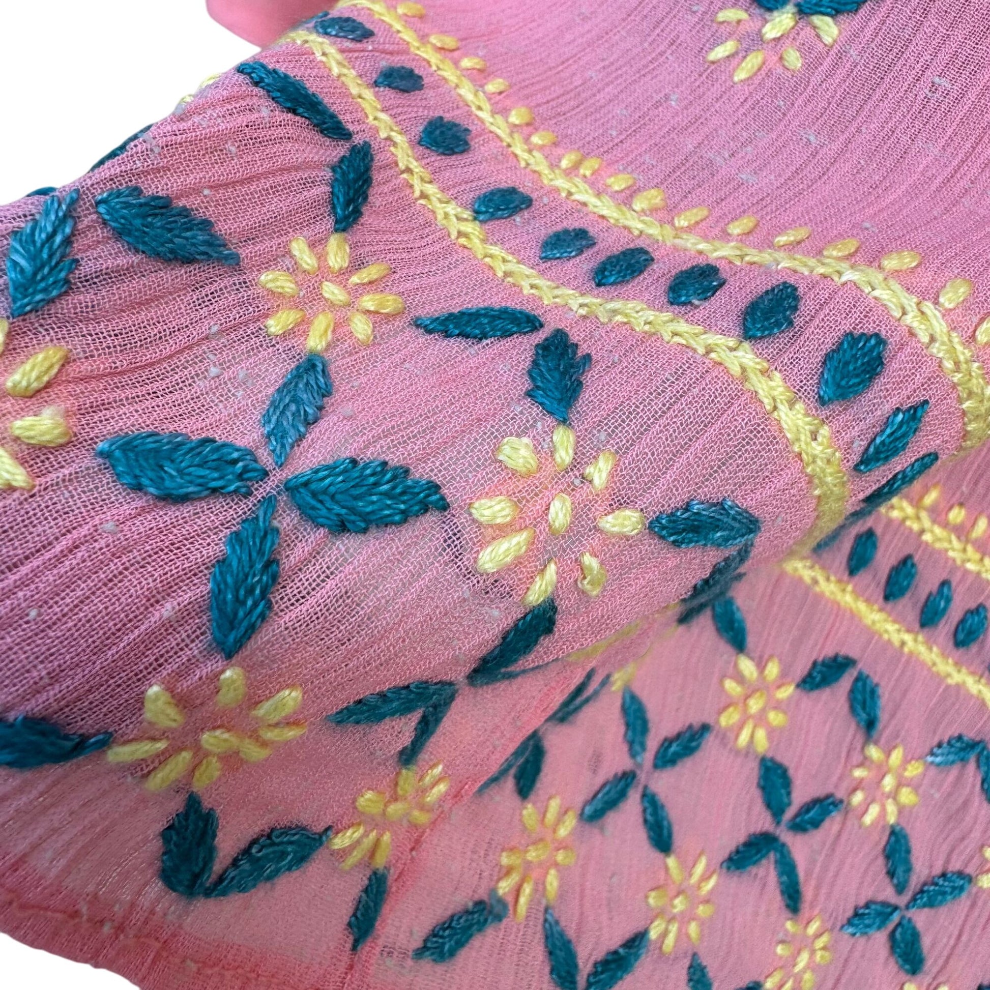 Vintage Womens Pink Floral Embroidered Madras 3/4 Sleeve Boho Chic Tunic Blouse