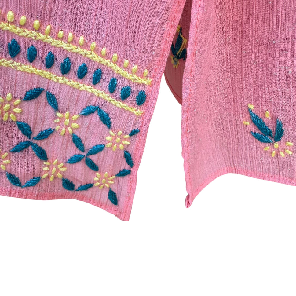 Vintage Womens Pink Floral Embroidered Madras 3/4 Sleeve Boho Chic Tunic Blouse