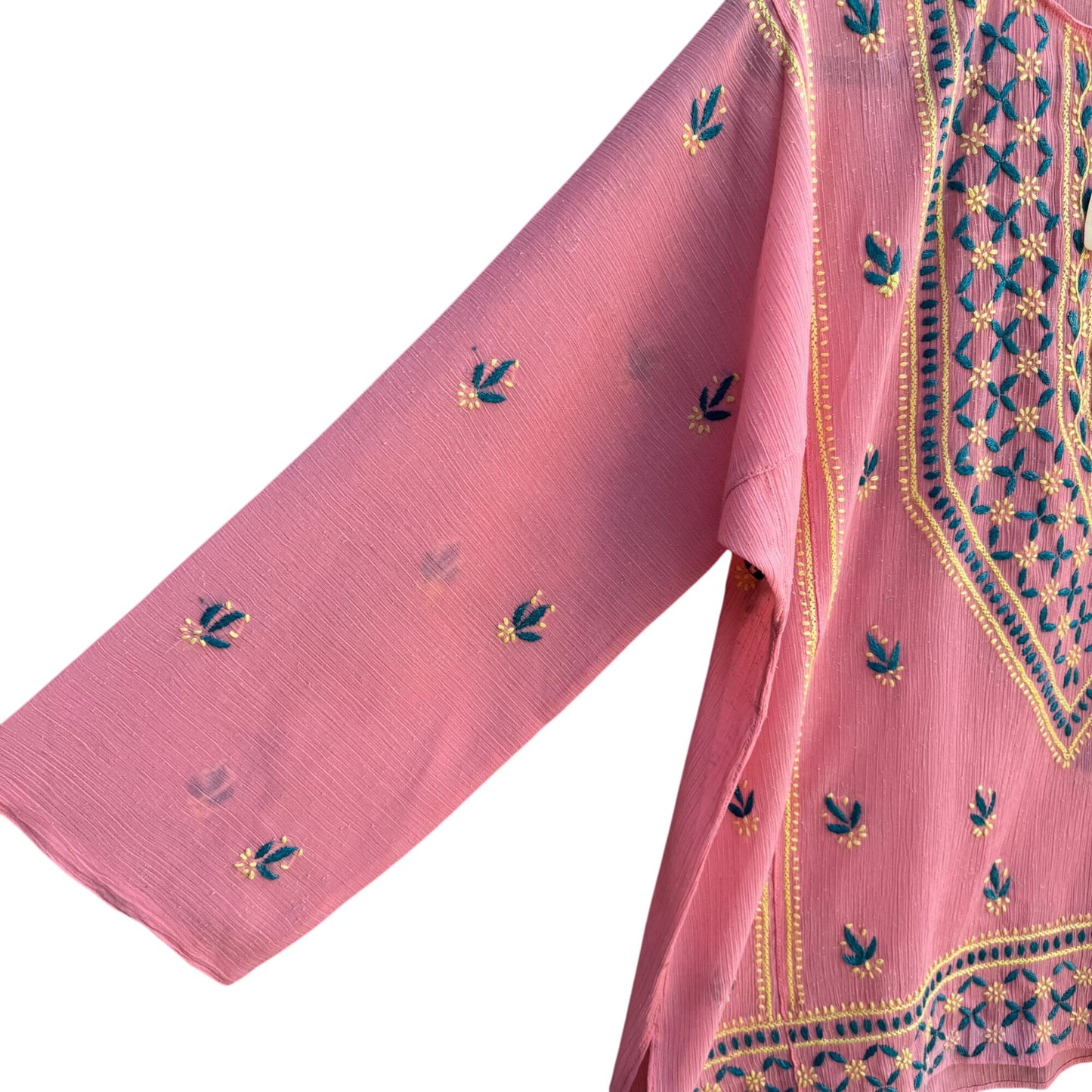 Vintage Womens Pink Floral Embroidered Madras 3/4 Sleeve Boho Chic Tunic Blouse