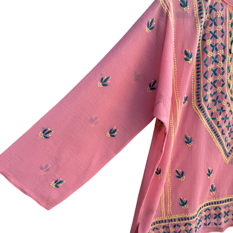 Vintage Womens Pink Floral Embroidered Madras 3/4 Sleeve Boho Chic Tunic Blouse