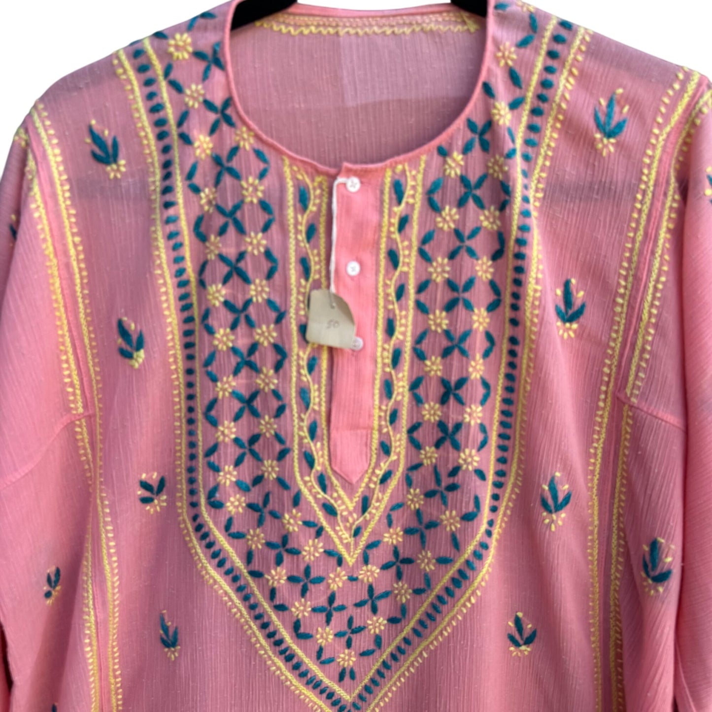 Vintage Womens Pink Floral Embroidered Madras 3/4 Sleeve Boho Chic Tunic Blouse