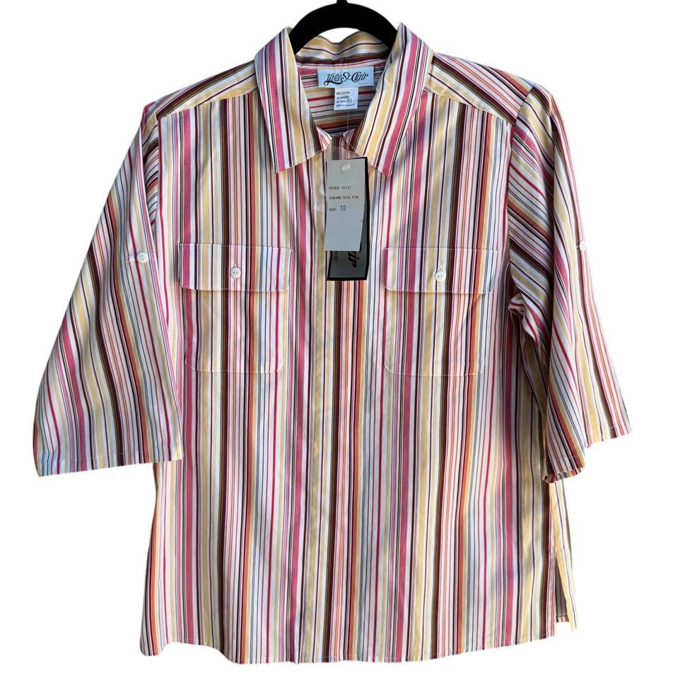 Yves St Clair Womens Pink Striped Short Sleeve Roll Tab Button-Up Stretch Shirt