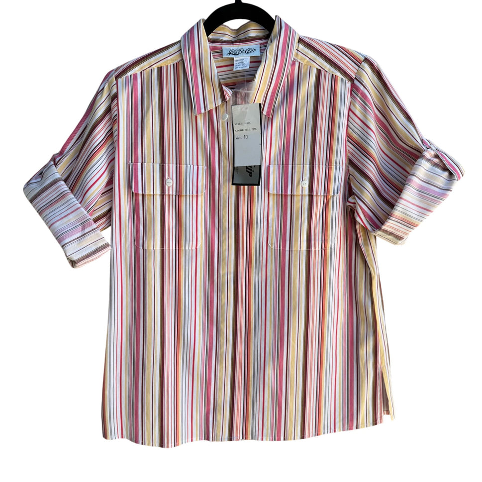 Yves St Clair Womens Pink Striped Short Sleeve Roll Tab Button-Up Stretch Shirt