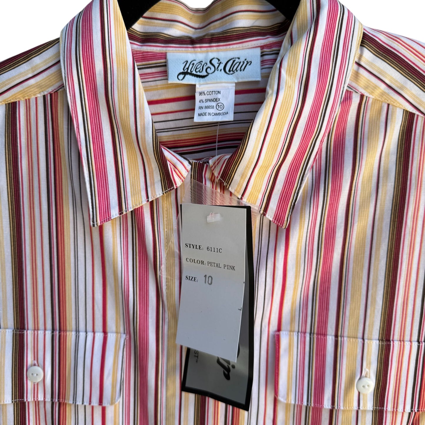 Yves St Clair Womens Pink Striped Short Sleeve Roll Tab Button-Up Stretch Shirt
