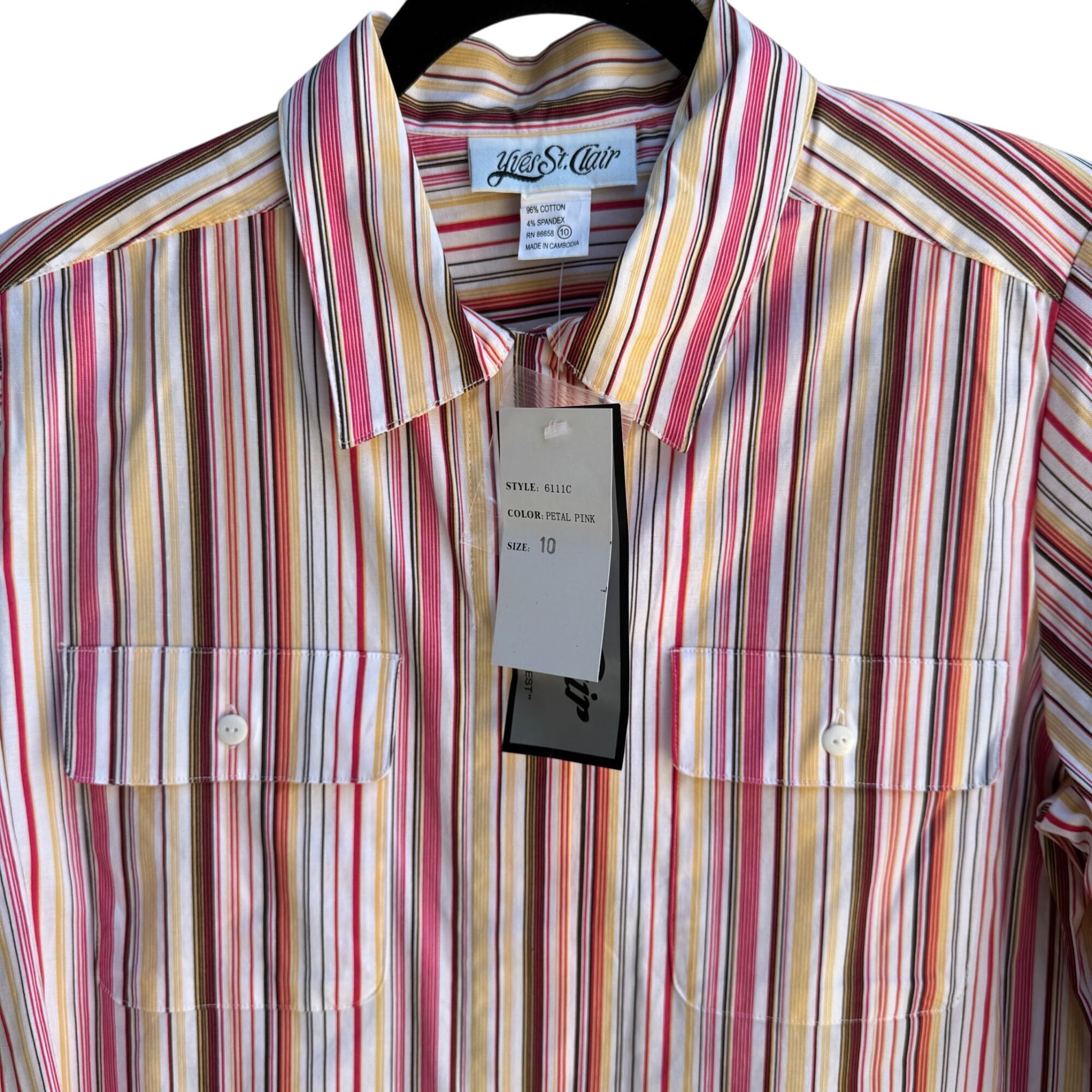 Yves St Clair Womens Pink Striped Short Sleeve Roll Tab Button-Up Stretch Shirt