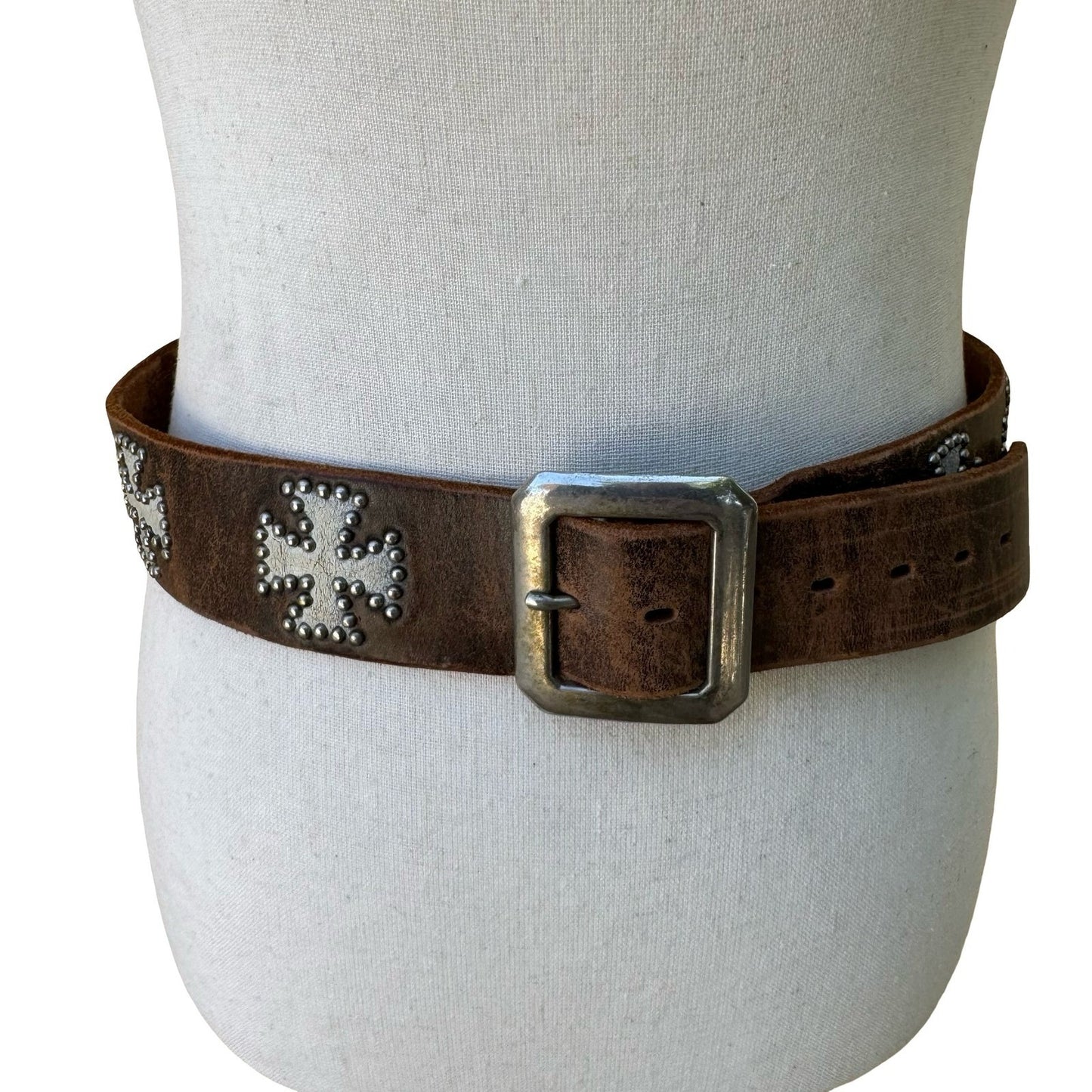 Streets Ahead Vintage Brown Leather Studded Iron Cross Biker Goth Punk Emo Belt