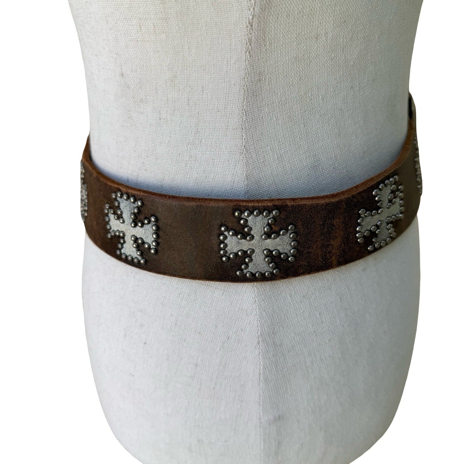 Streets Ahead Vintage Brown Leather Studded Iron Cross Biker Goth Punk Emo Belt