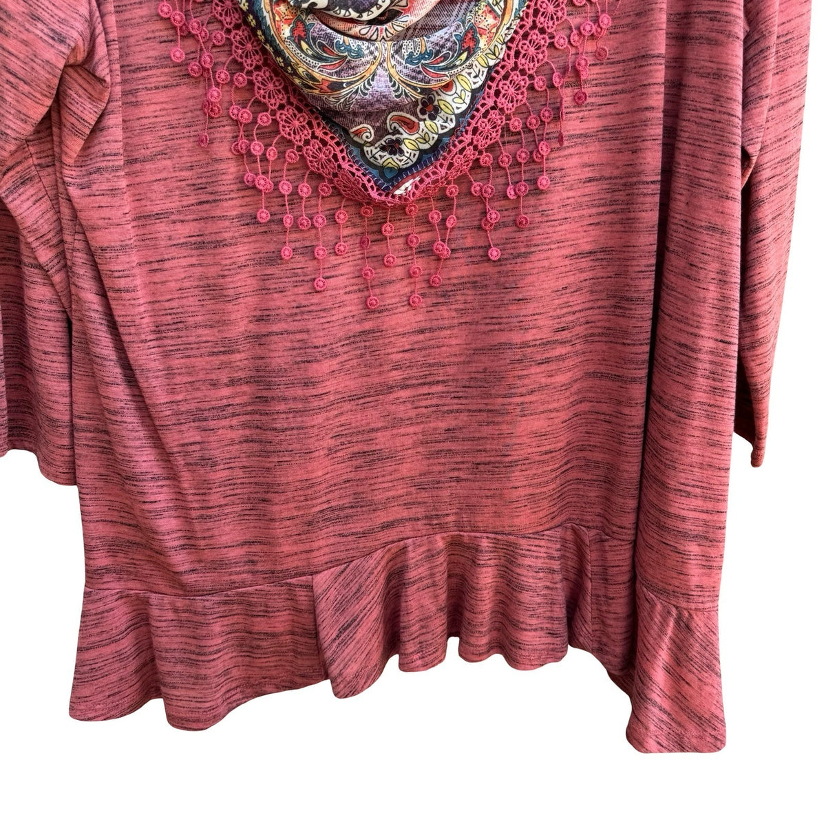 Live and Let Live Boho Romantic Peplum Top Teaberry Paisley Scarf Lace 2X NWT