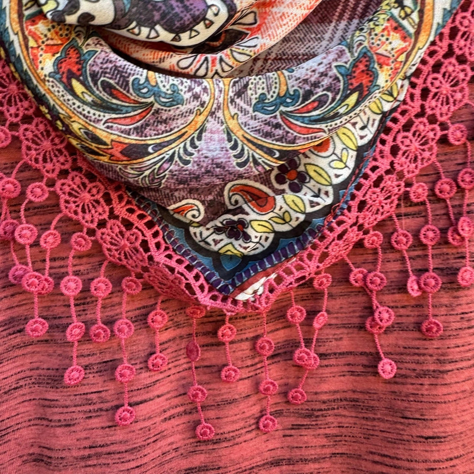 Live and Let Live Boho Romantic Peplum Top Teaberry Paisley Scarf Lace 2X NWT