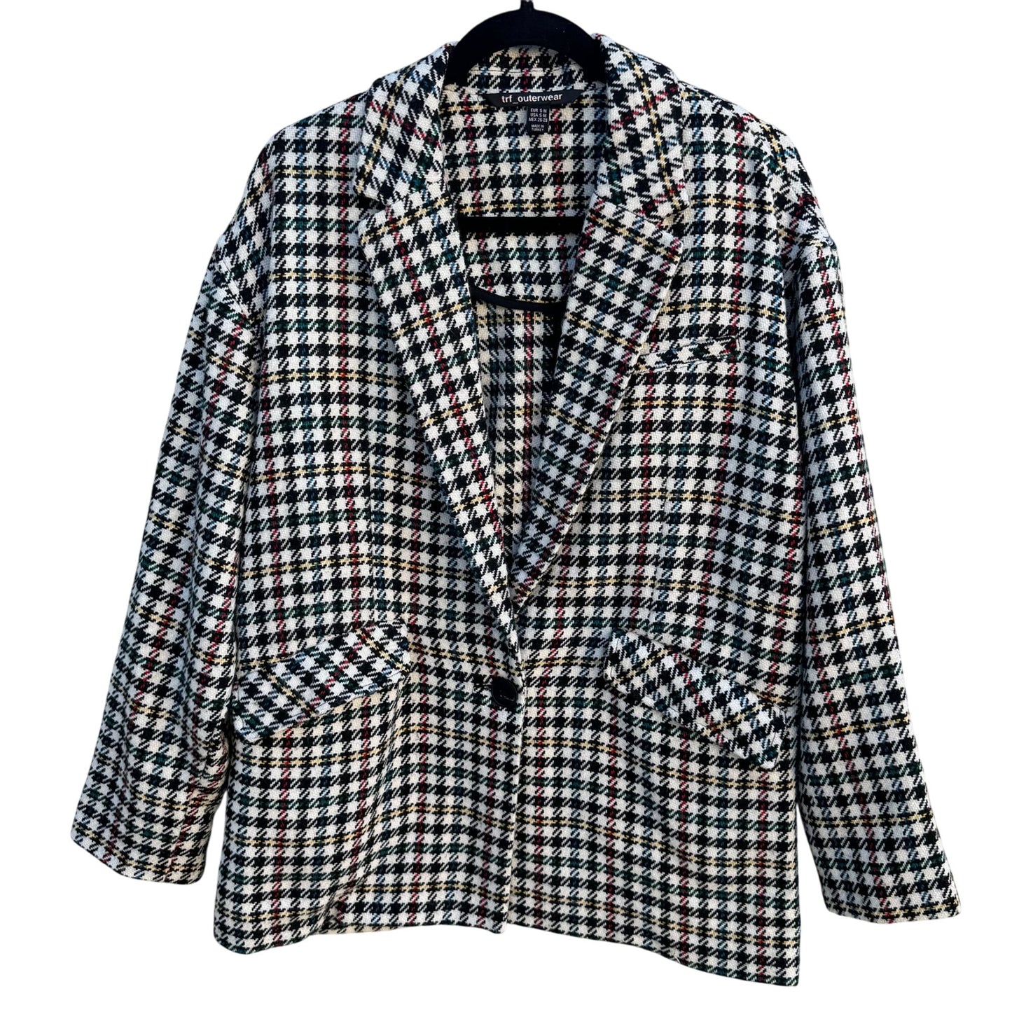 Trf Outerwear Zara Vintage-Style Plaid Blazer Coat S-M Houndstooth Wool Blend