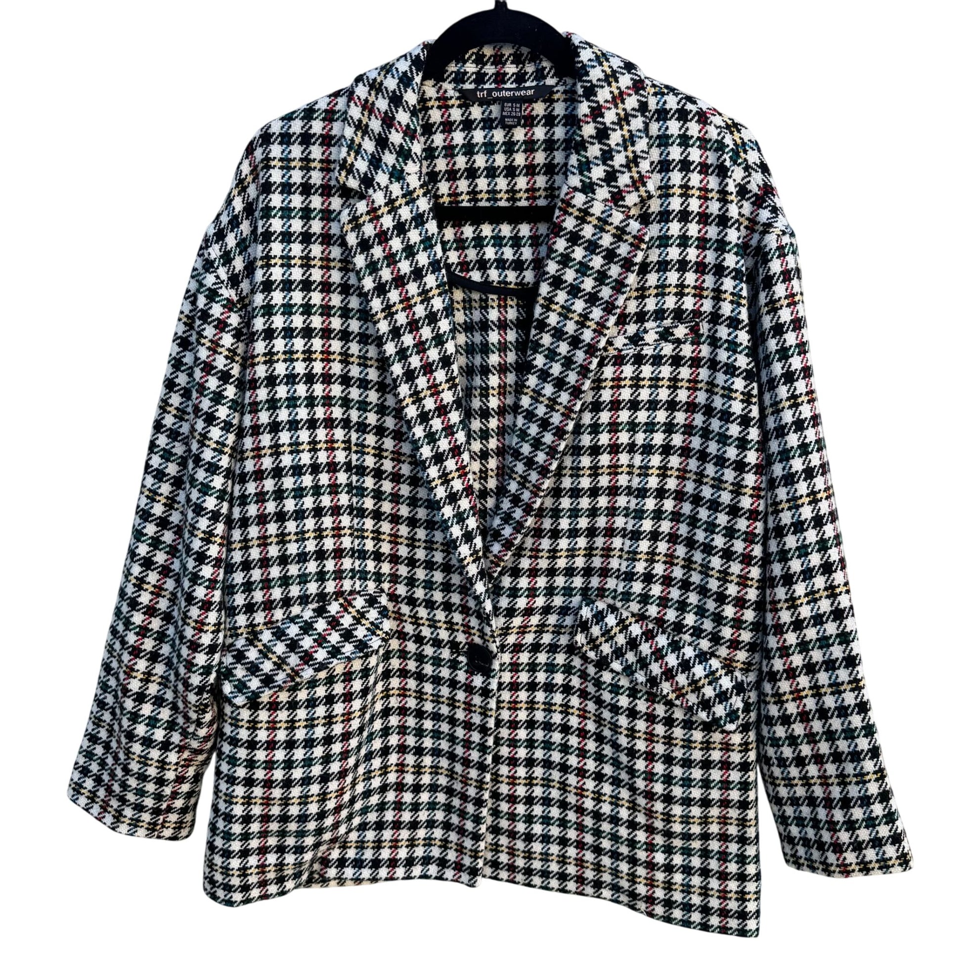 Trf Outerwear Zara Vintage-Style Plaid Blazer Coat S-M Houndstooth Wool Blend