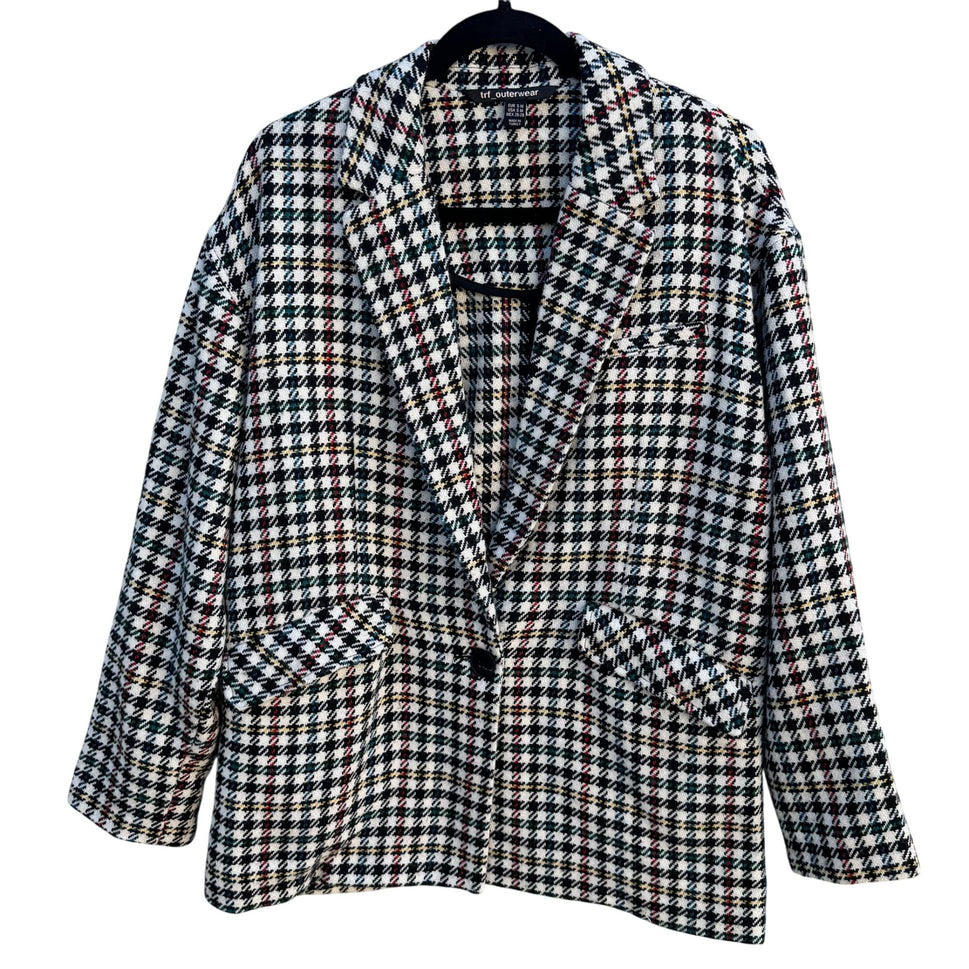 Trf Outerwear Zara Vintage-Style Plaid Blazer Coat S-M Houndstooth Wool Blend