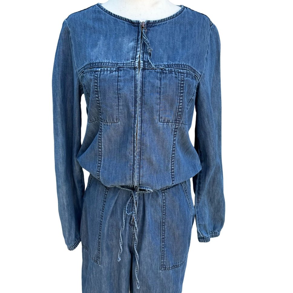 Gap Vintage Long Sleeve Drawstring Waist Zip Front Elastic Hem Denim Jumpsuit -S