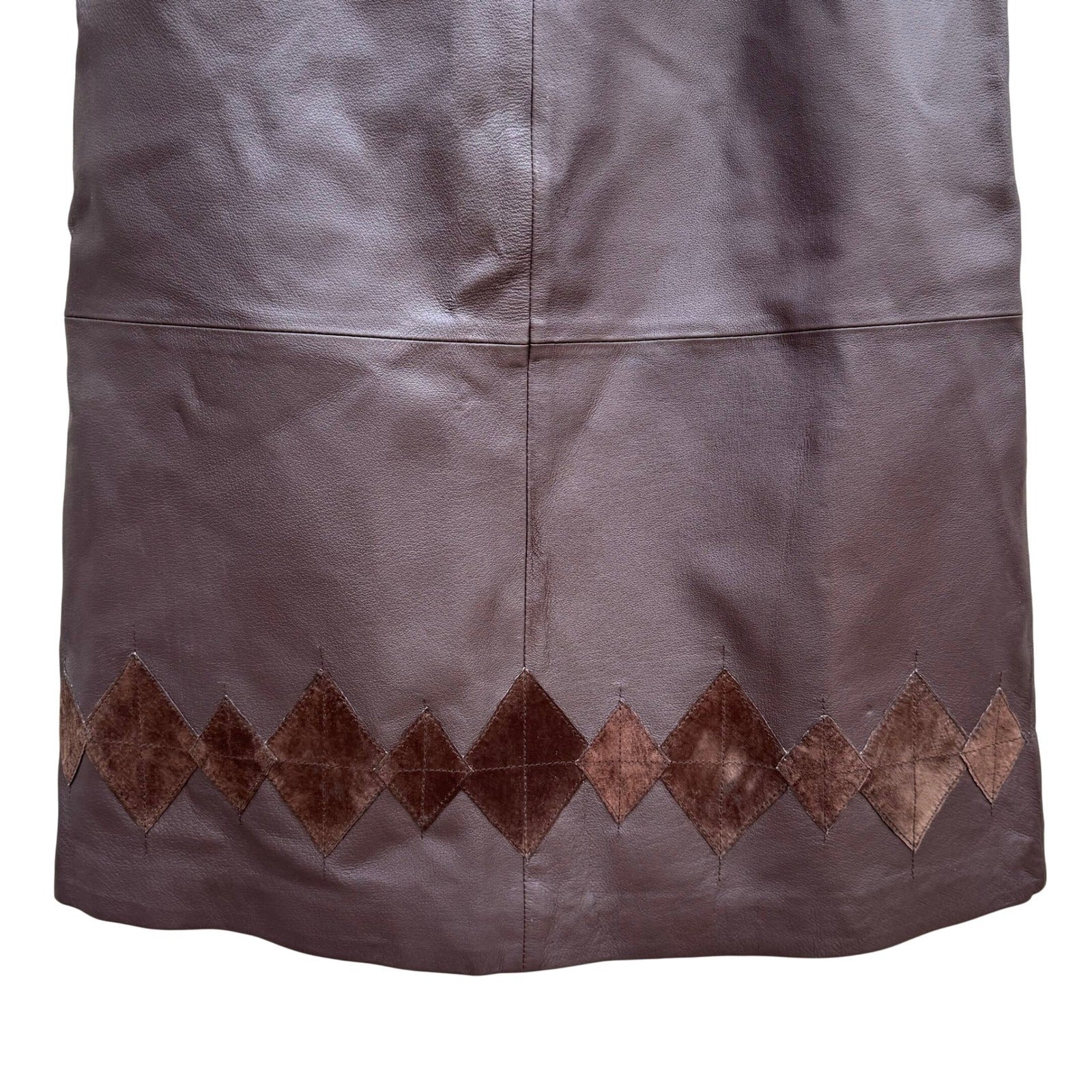 Terry Lewis Brown Leather Midi Skirt Diamond Suede Patchwork Hem Womens 6 77025