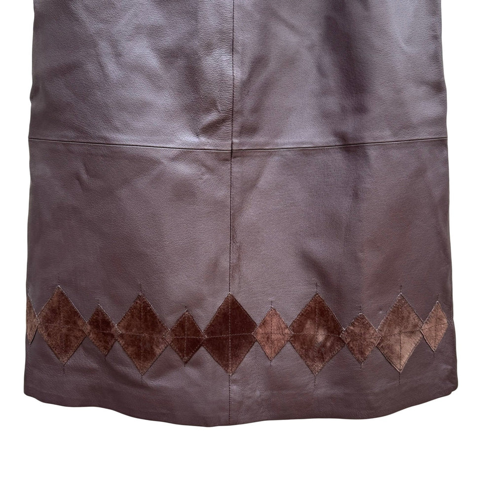 Terry Lewis Brown Leather Midi Skirt Diamond Suede Patchwork Hem Womens 6 77025