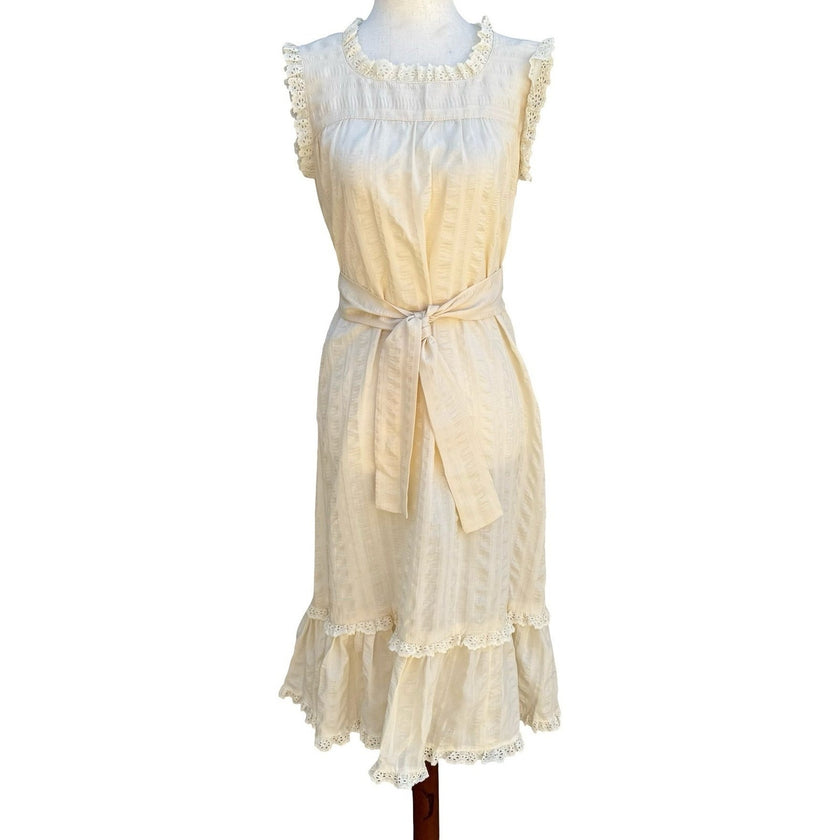 Vintage 70s Cream Eyelet Lace Prairie Midi Dress Sleeveless Romantic Cottagecore