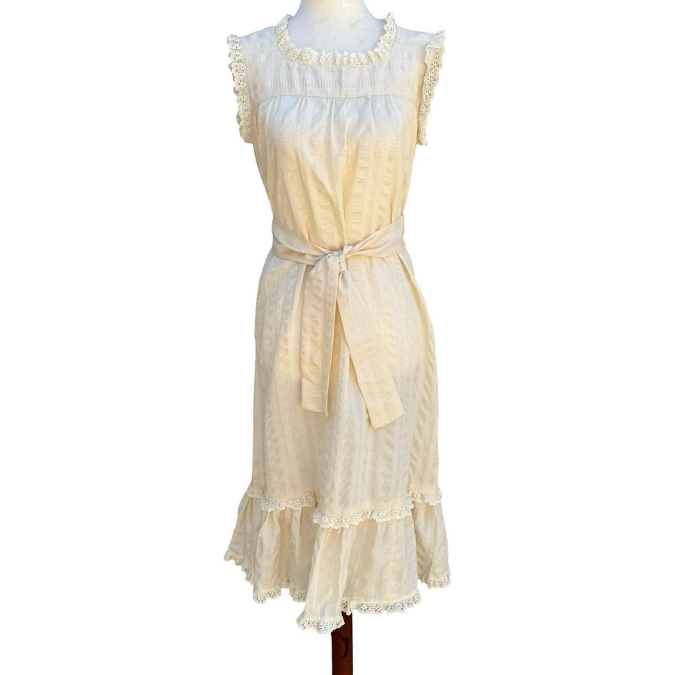 Vintage 70s Cream Eyelet Lace Prairie Midi Dress Sleeveless Romantic Cottagecore