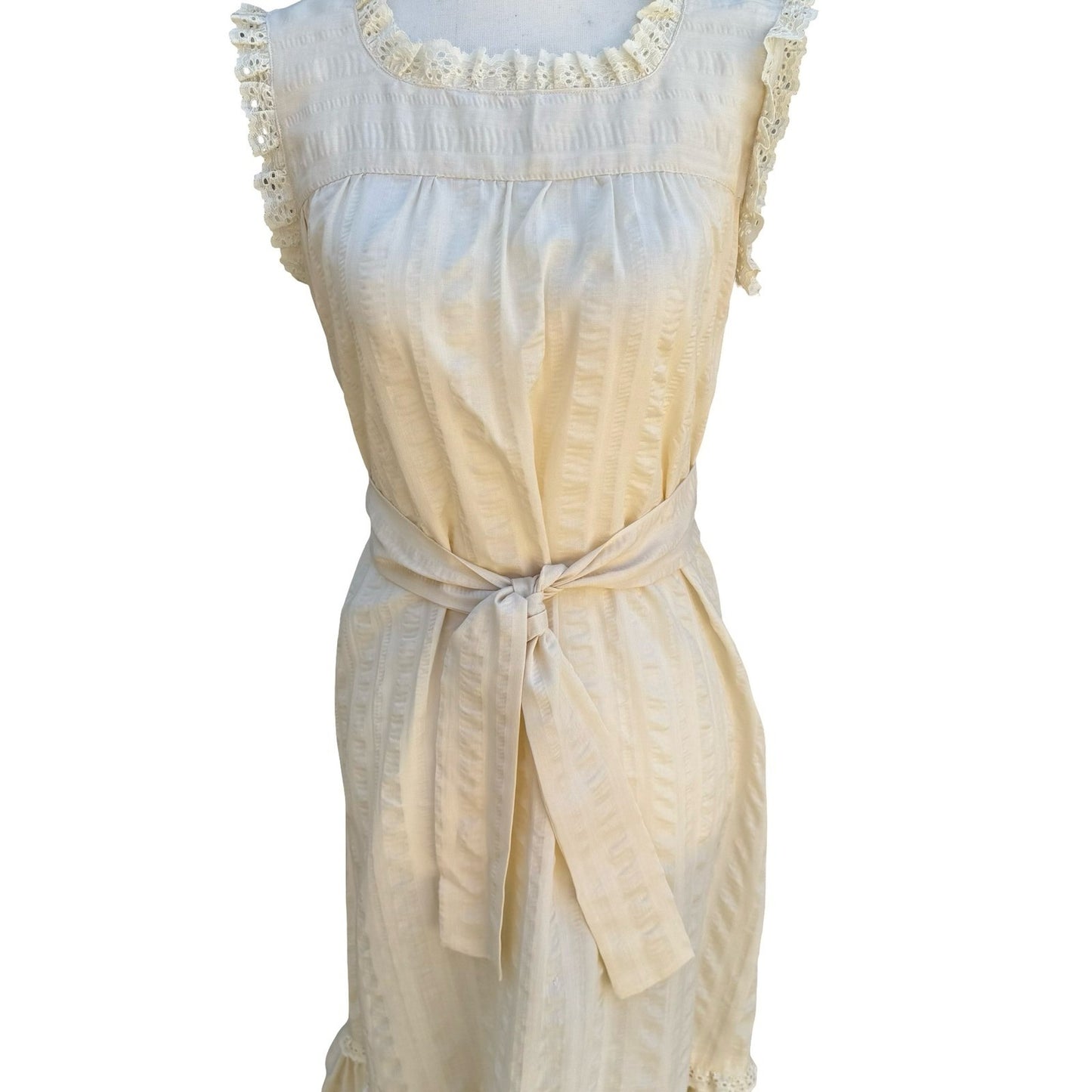 Vintage 70s Cream Eyelet Lace Prairie Midi Dress Sleeveless Romantic Cottagecore