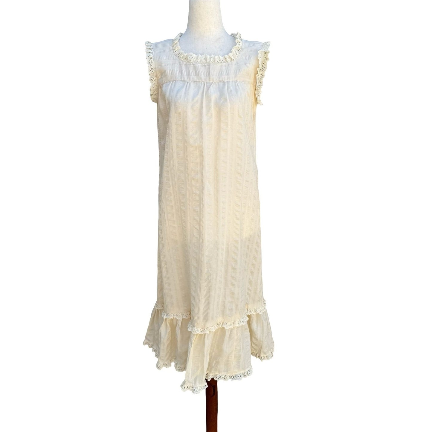 Vintage 70s Cream Eyelet Lace Prairie Midi Dress Sleeveless Romantic Cottagecore