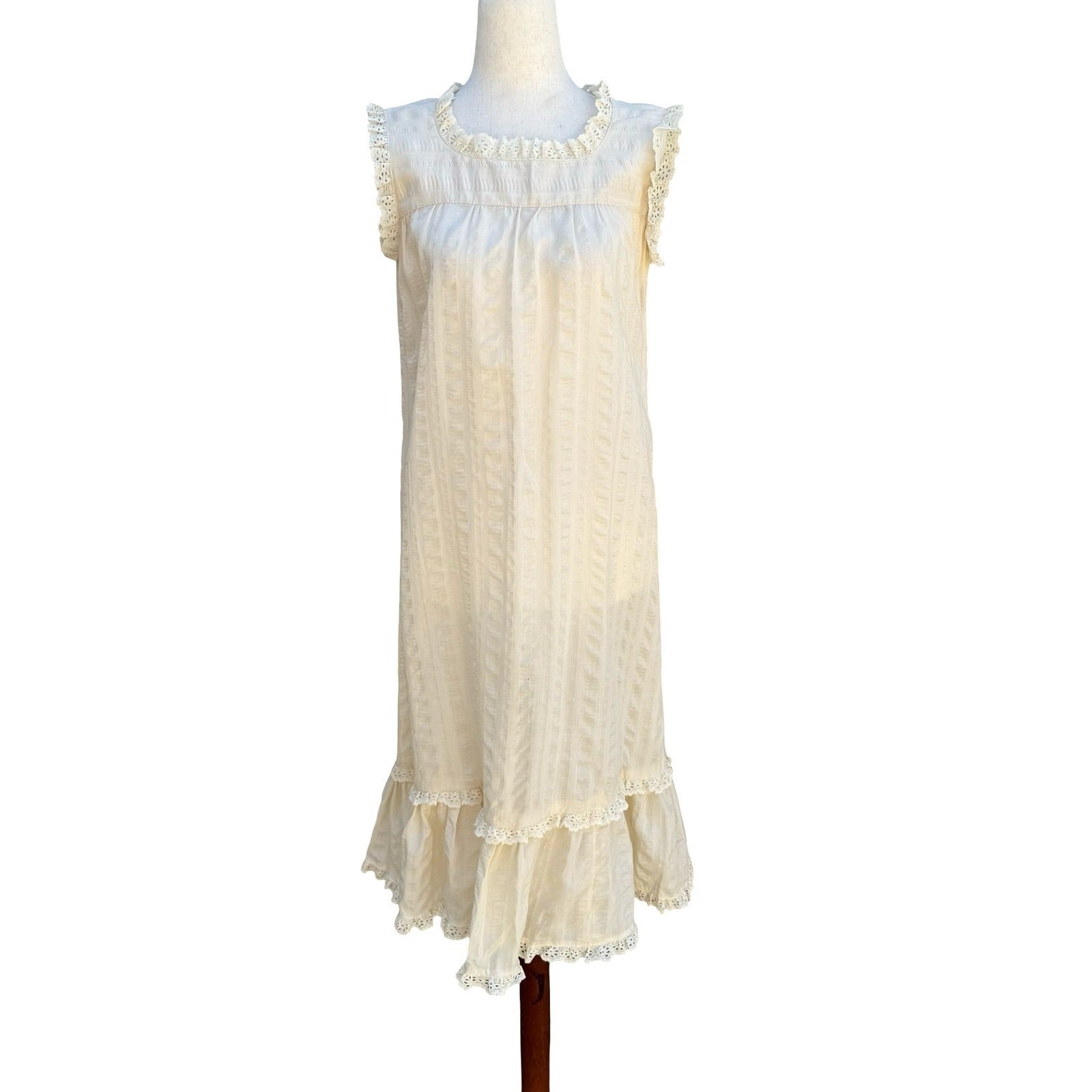 Vintage 70s Cream Eyelet Lace Prairie Midi Dress Sleeveless Romantic Cottagecore