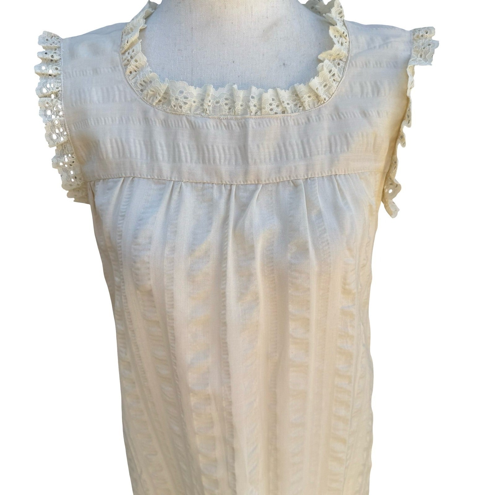 Vintage 70s Cream Eyelet Lace Prairie Midi Dress Sleeveless Romantic Cottagecore