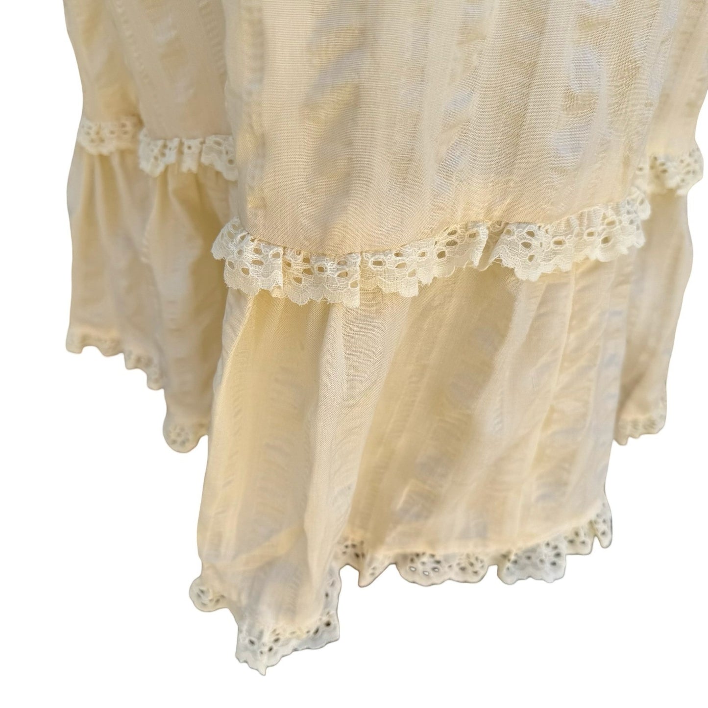 Vintage 70s Cream Eyelet Lace Prairie Midi Dress Sleeveless Romantic Cottagecore
