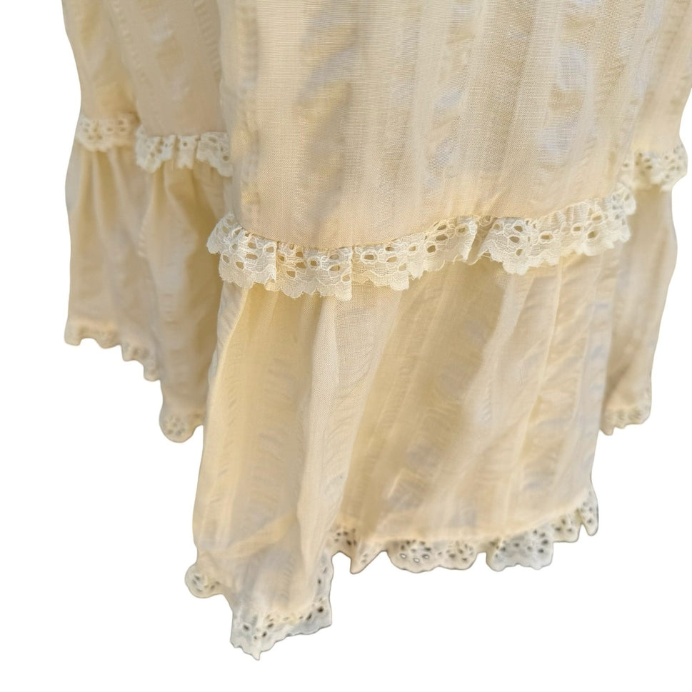 Vintage 70s Cream Eyelet Lace Prairie Midi Dress Sleeveless Romantic Cottagecore