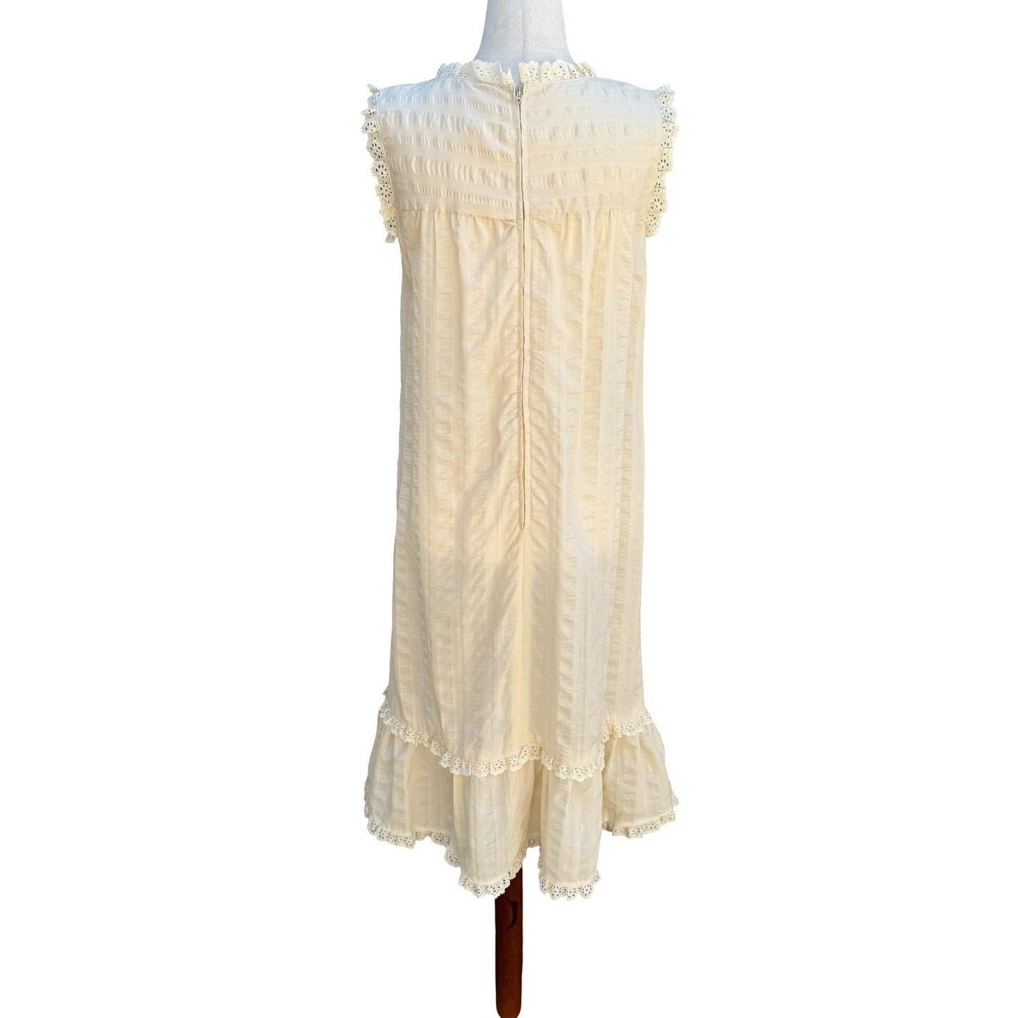 Vintage 70s Cream Eyelet Lace Prairie Midi Dress Sleeveless Romantic Cottagecore