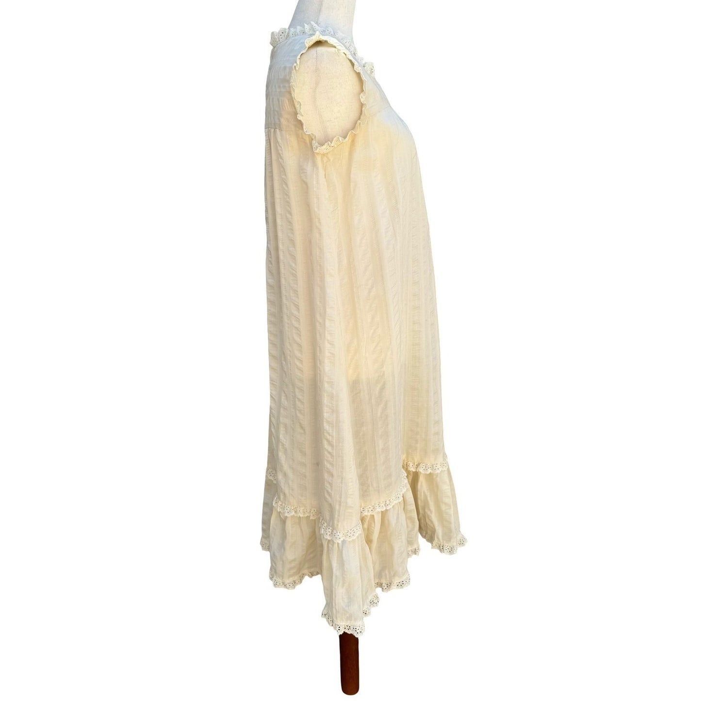 Vintage 70s Cream Eyelet Lace Prairie Midi Dress Sleeveless Romantic Cottagecore