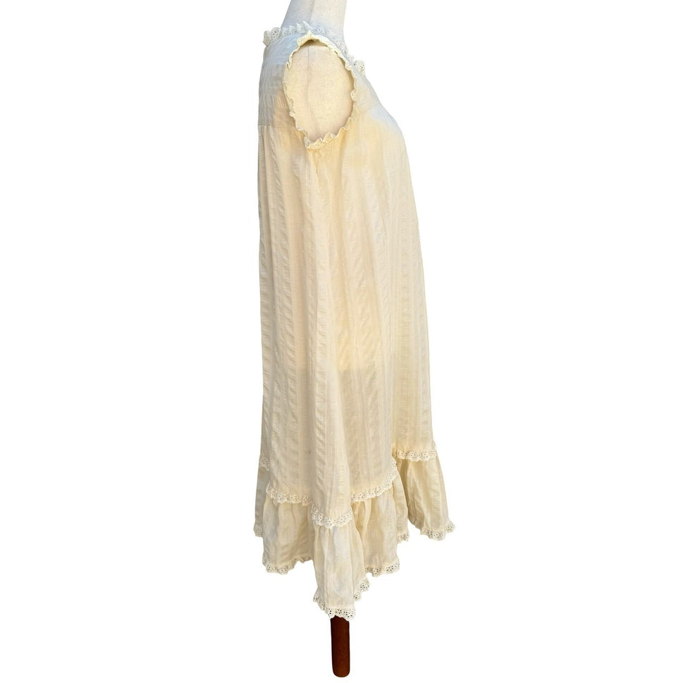 Vintage 70s Cream Eyelet Lace Prairie Midi Dress Sleeveless Romantic Cottagecore