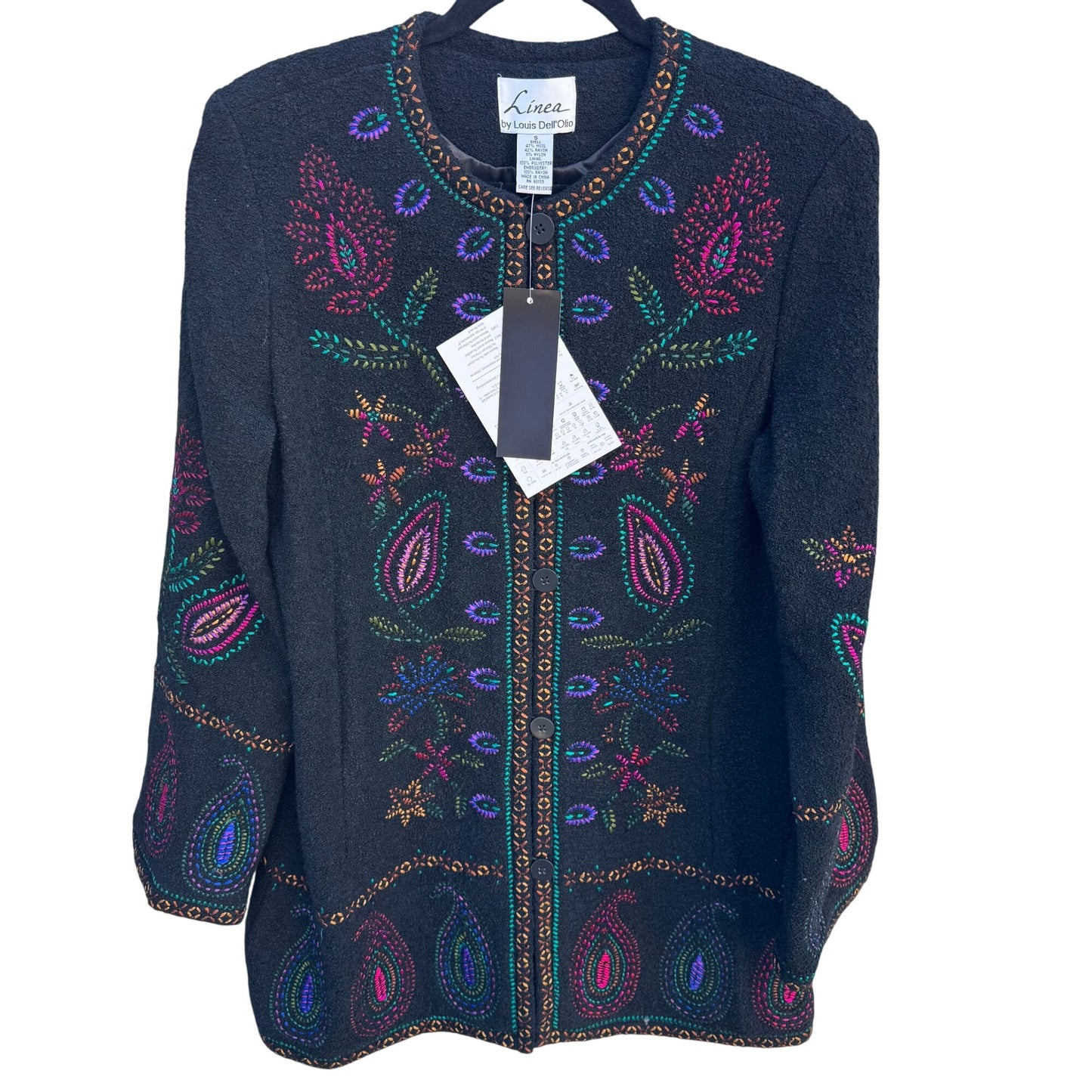 Linea By Louis Dell'Olio Black Embroidered Cardigan Jacket S Wool Blend New Tags