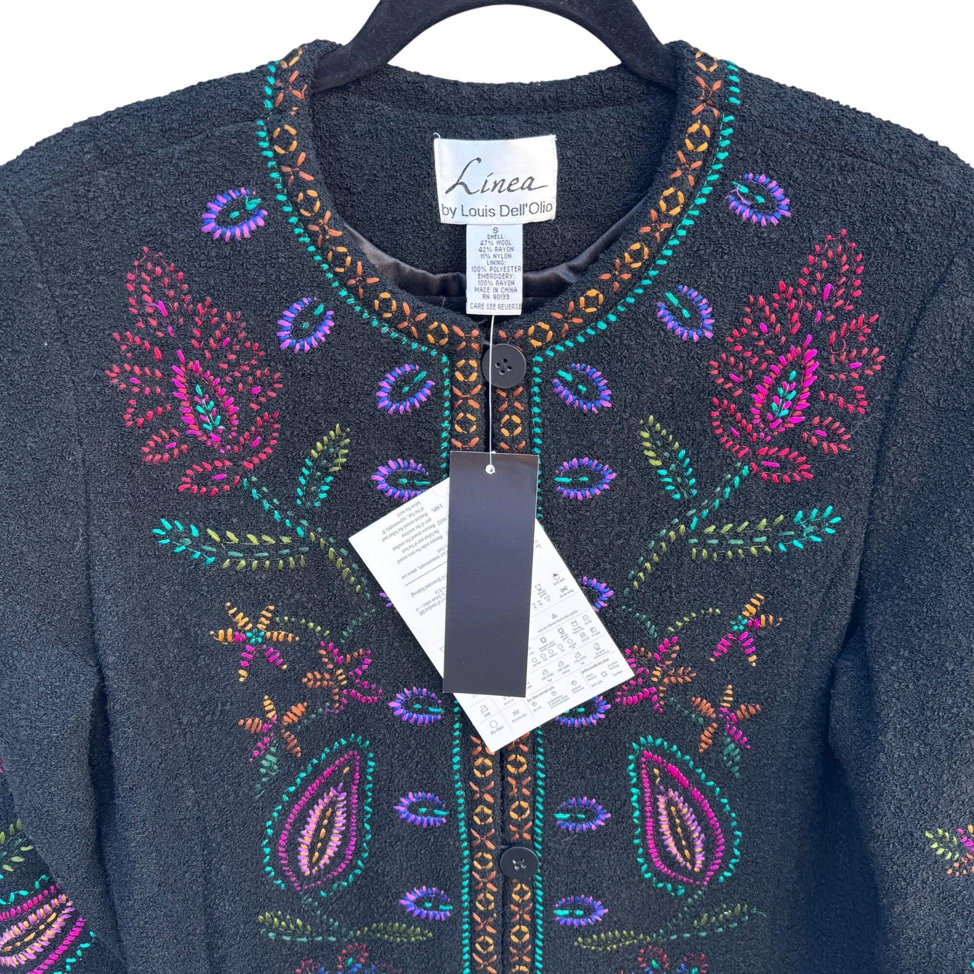 Linea By Louis Dell'Olio Black Embroidered Cardigan Jacket S Wool Blend New Tags