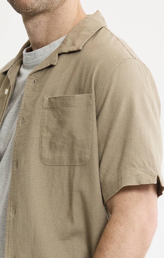 Linen Blend Short Sleeve Camp Shirt: STONE / M