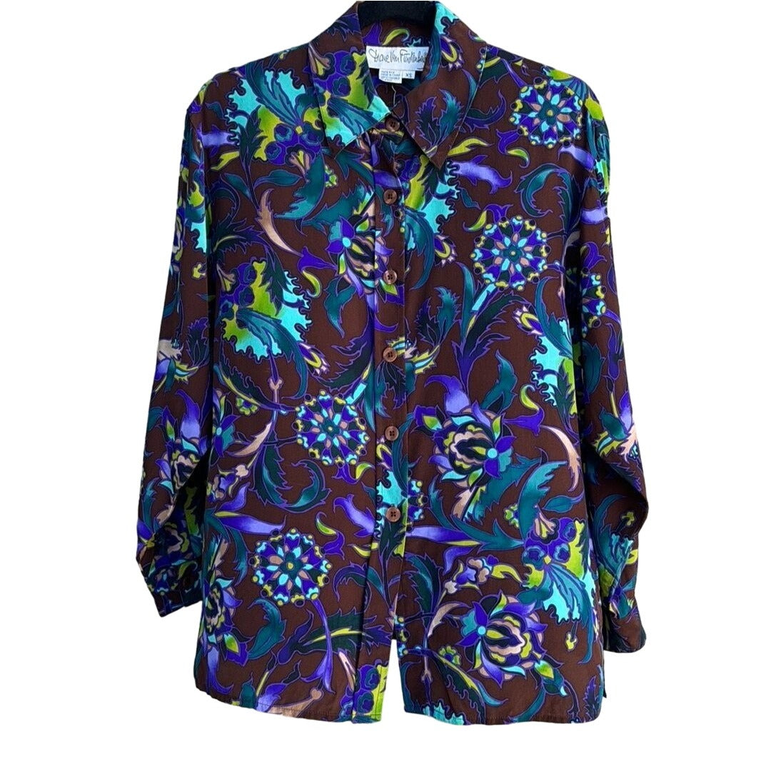 Diane Von Furstenberg Vintage Women's Silk Floral Multi-Color Long Sleeve Blouse