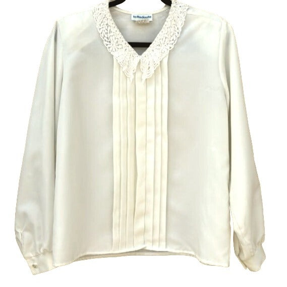 La Redoute Vintage 80s V Neck Lace Collar Pleated Hidden Button Front Blouse -14