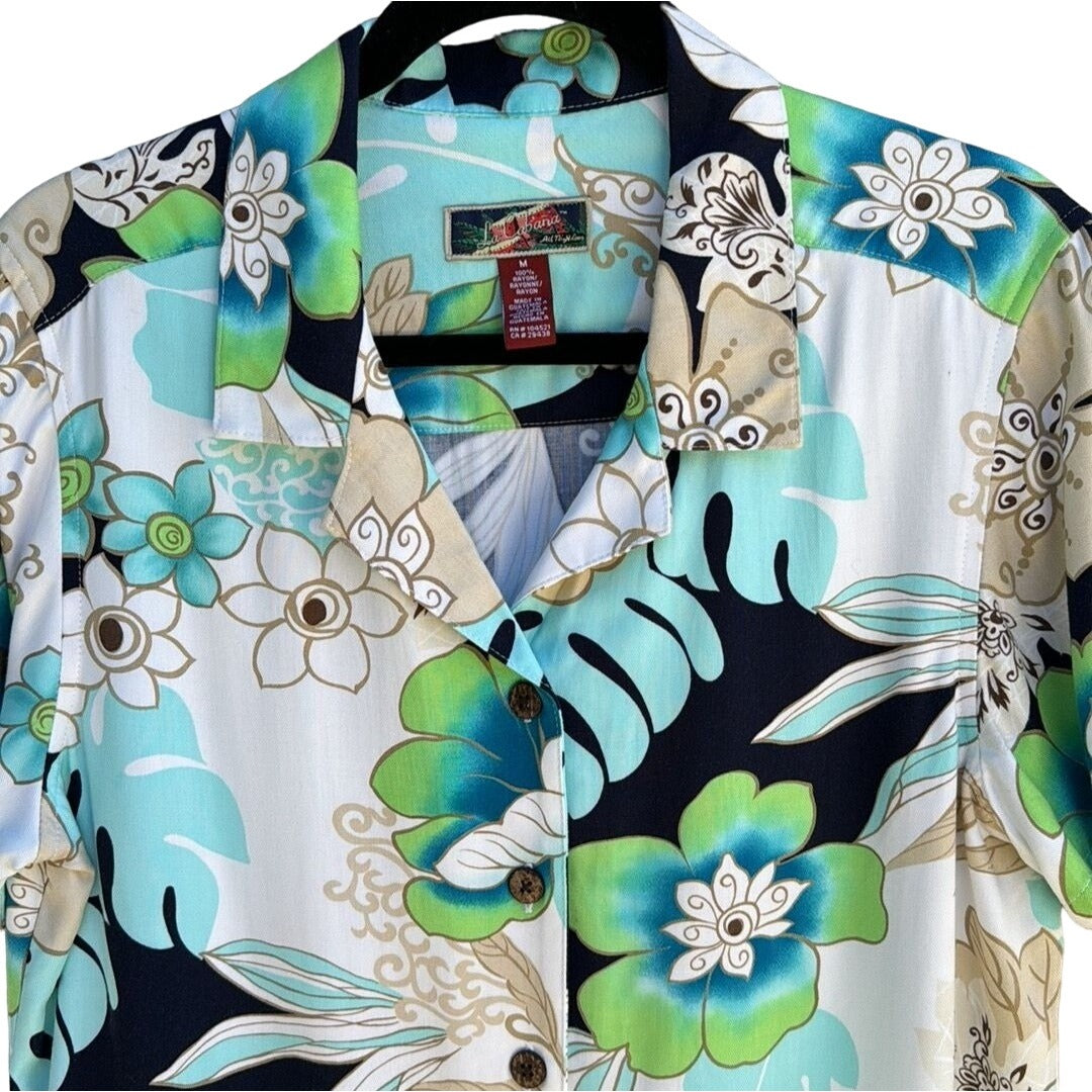 La Cabana Women's Blue Green Floral Hawaiian Short Sleeve Camp Collar Shirt - M