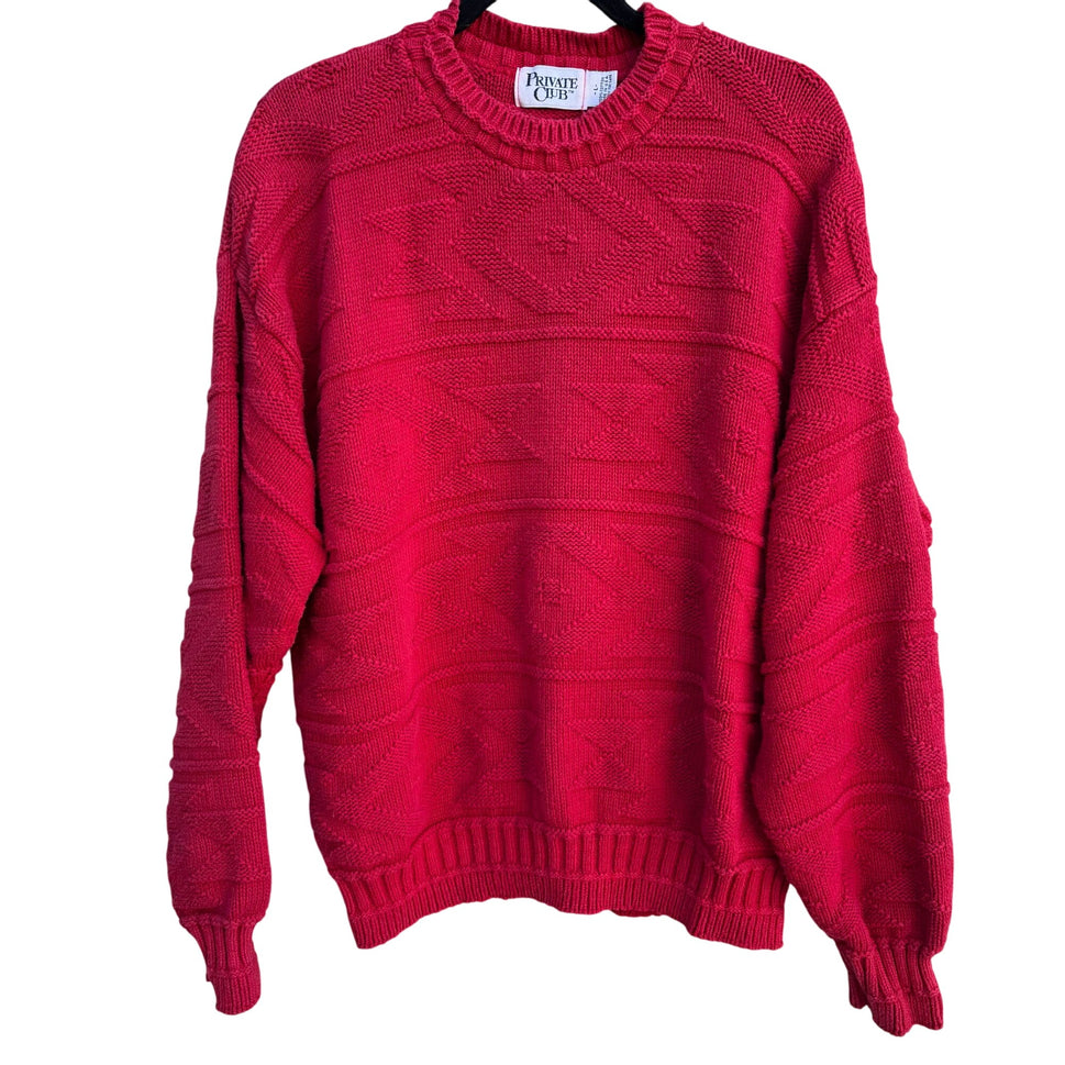 Private Club Vintage Mens Red Crew Neck Preppy Geometric Knit Grandpa Sweater L