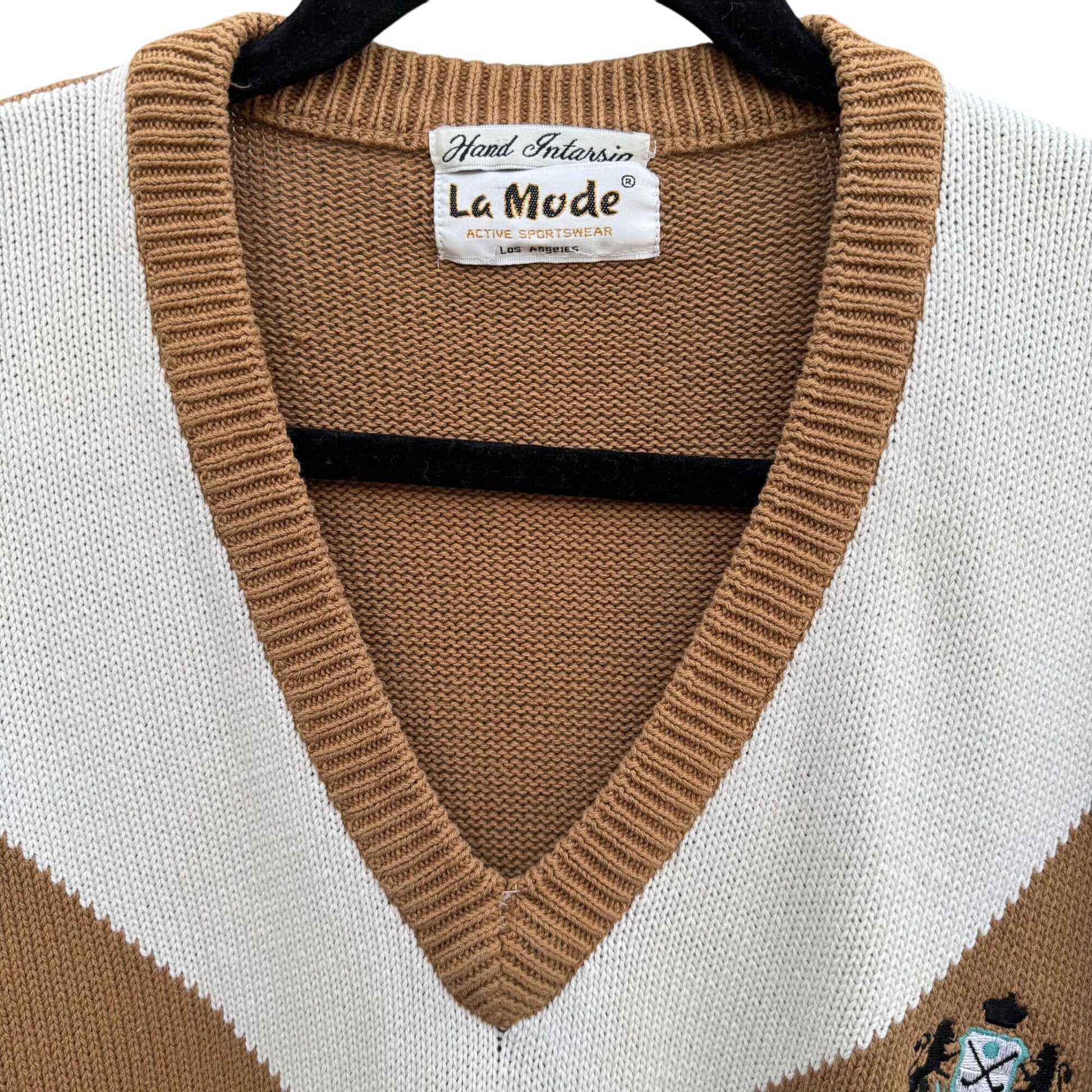 La Mode Active Sportswear Vintage Mens V-Neck Argyle Brown Knit Grandpa Sweater