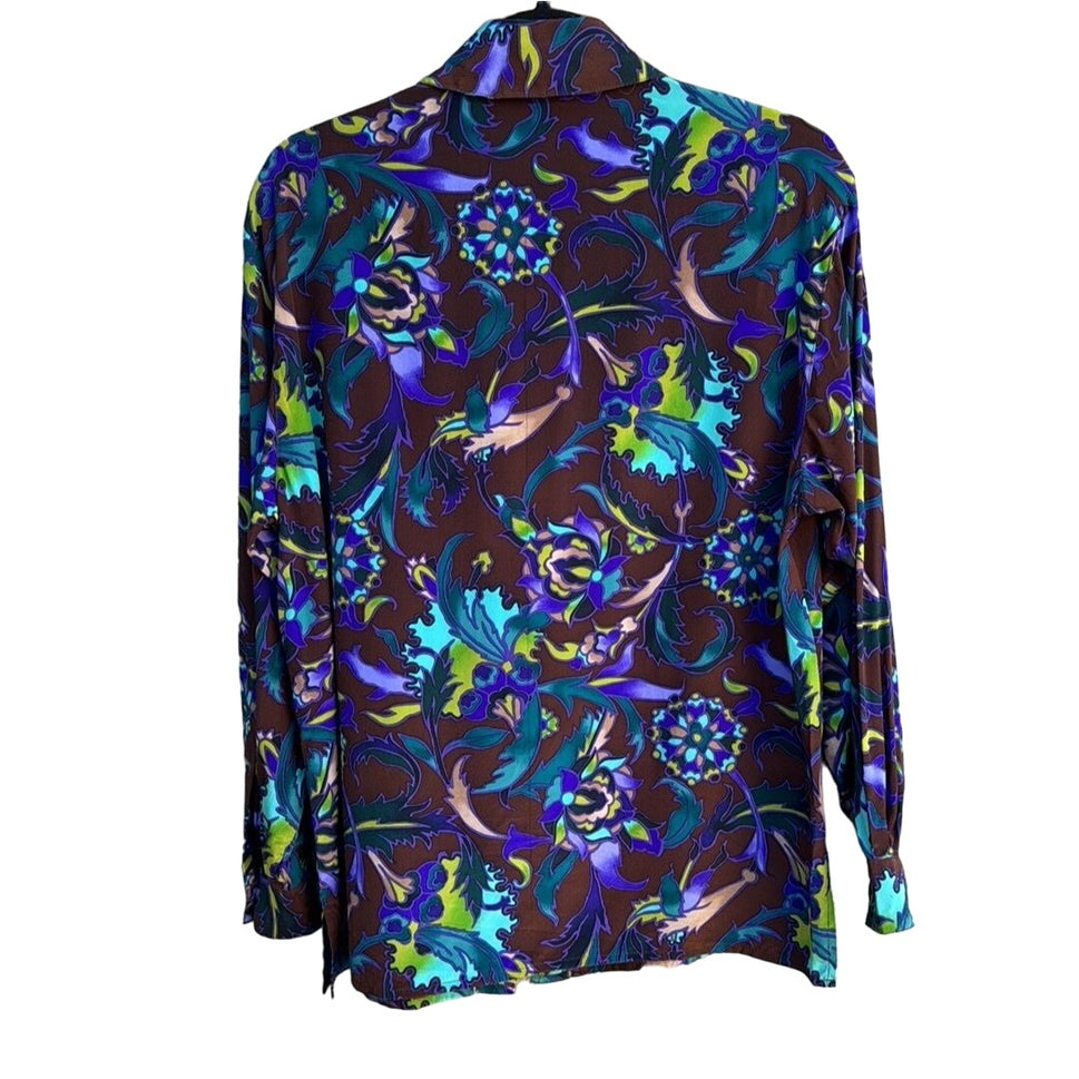 Diane Von Furstenberg Vintage Women's Silk Floral Multi-Color Long Sleeve Blouse