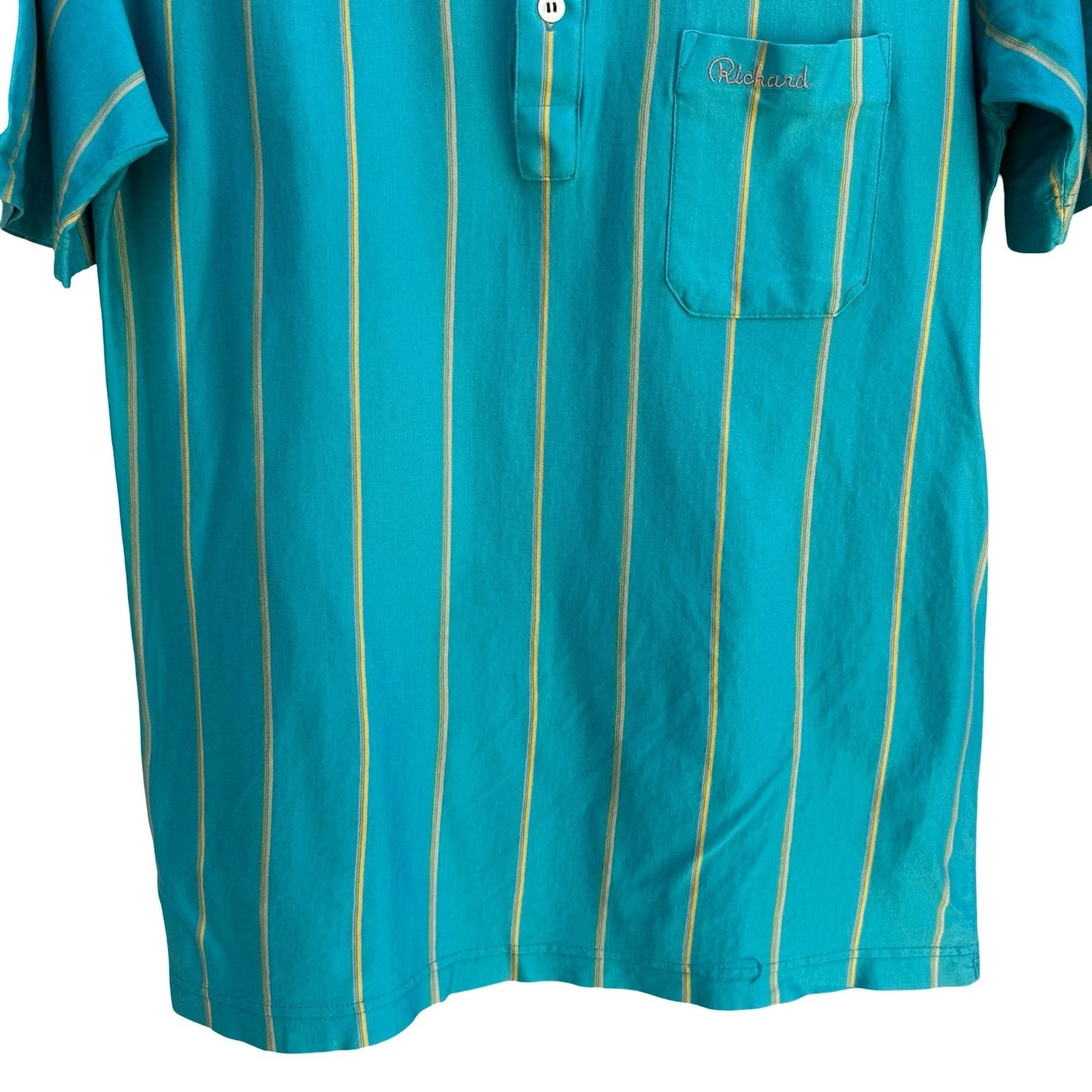 Richard Vintage 70s Disco Striped Short Sleeve Polo Shirt Teal Men M Grandpacore