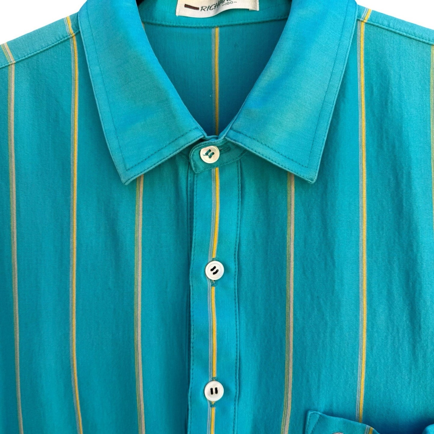 Richard Vintage 70s Disco Striped Short Sleeve Polo Shirt Teal Men M Grandpacore