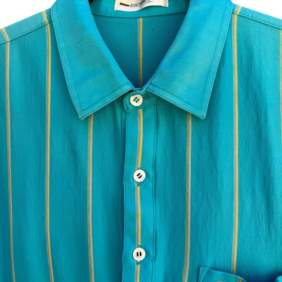 Richard Vintage 70s Disco Striped Short Sleeve Polo Shirt Teal Men M Grandpacore