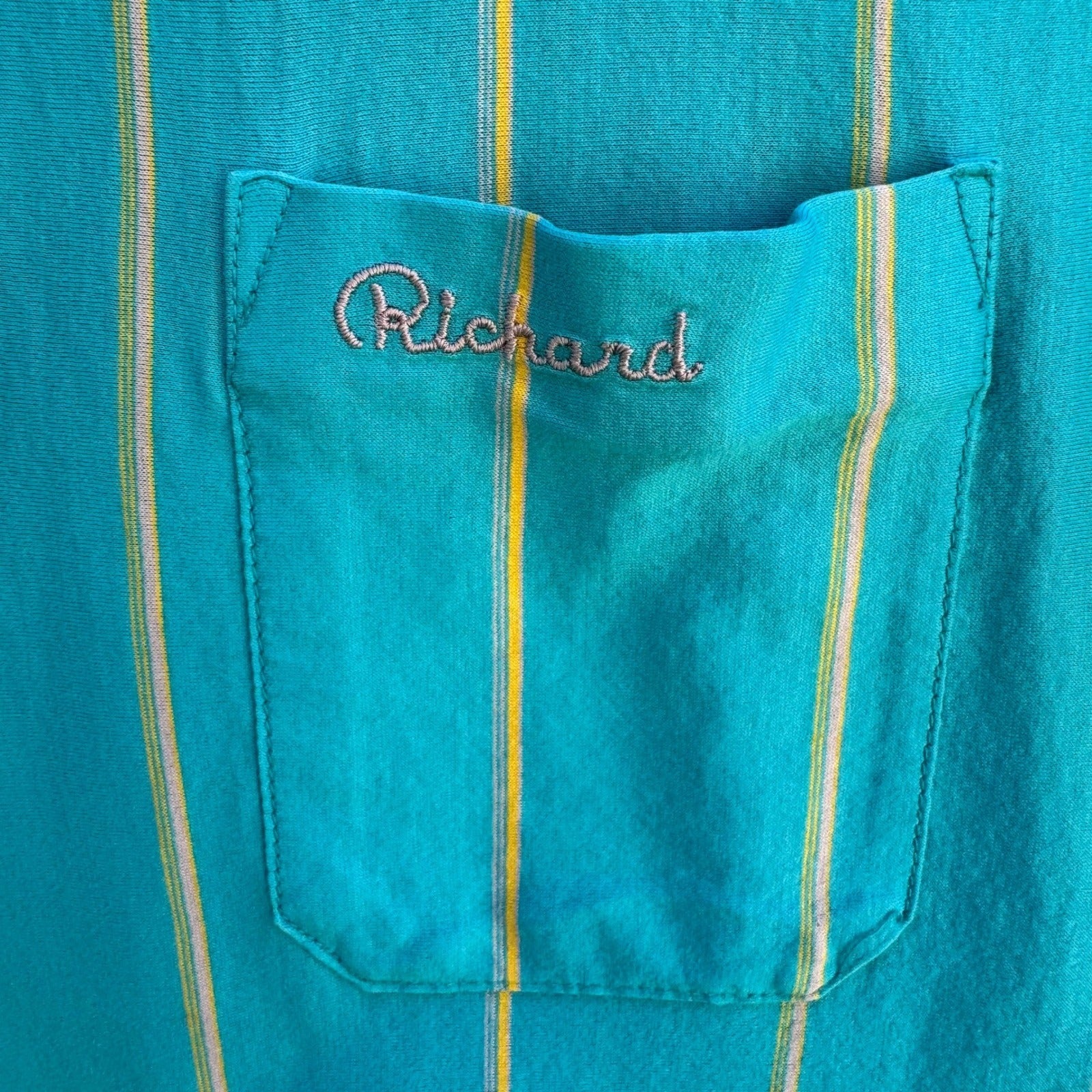 Richard Vintage 70s Disco Striped Short Sleeve Polo Shirt Teal Men M Grandpacore